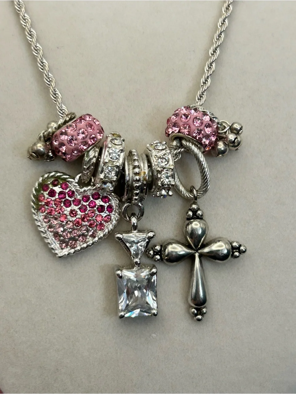 Sparkling Pink Crystals Charm Necklace Silver-tone Cross 30
